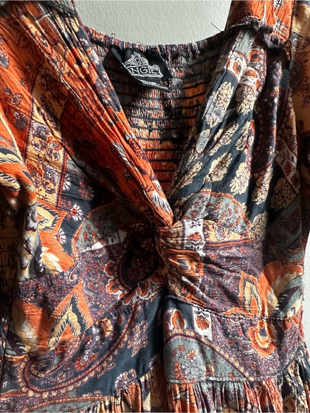 Angie Bohemian Paisley tiered Rust and Navy Floral Tie-Front Midi/Maxi - Picture 9 of 13